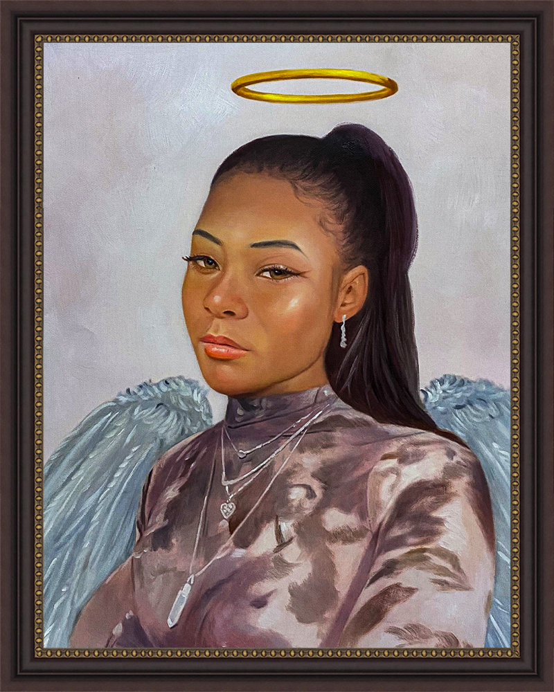 Memorial oil painting of woman with angel wings and halo